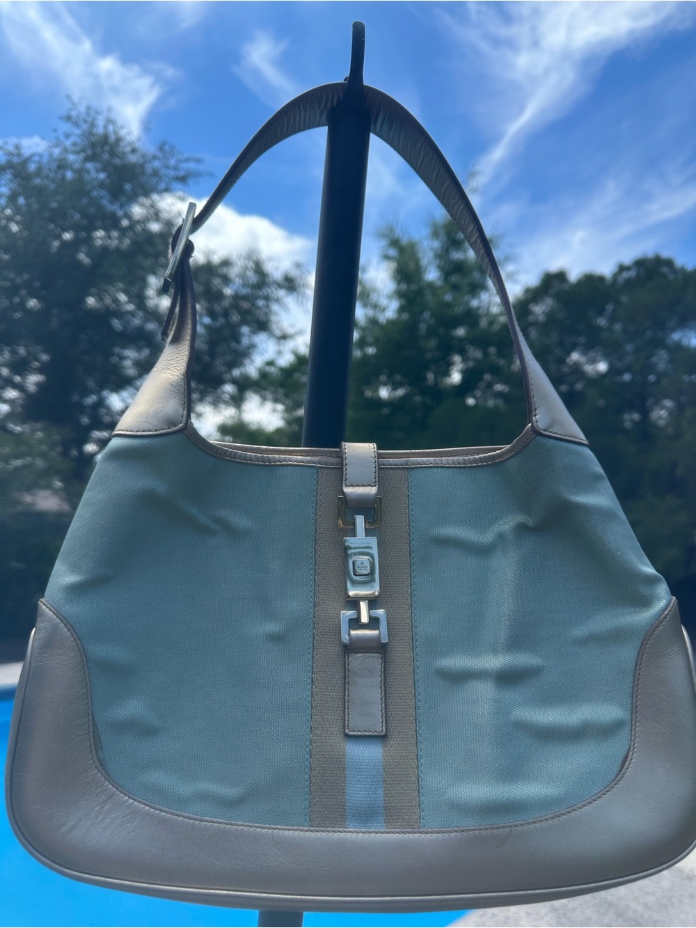 Gucci Jackie Blue Shoulder Bag with Gold Leather Trim